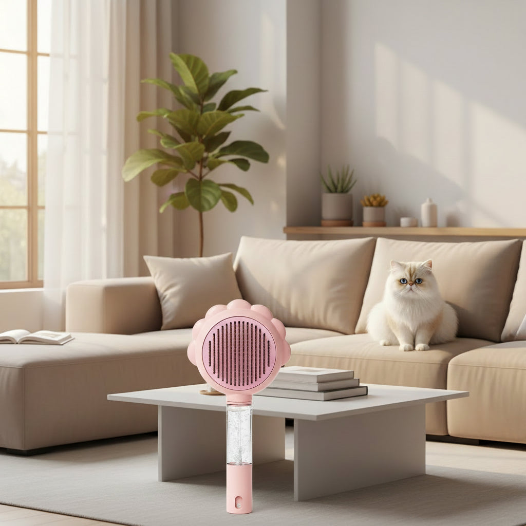 Cat lying on a wooden floor with pet grooming brushes in various colors.